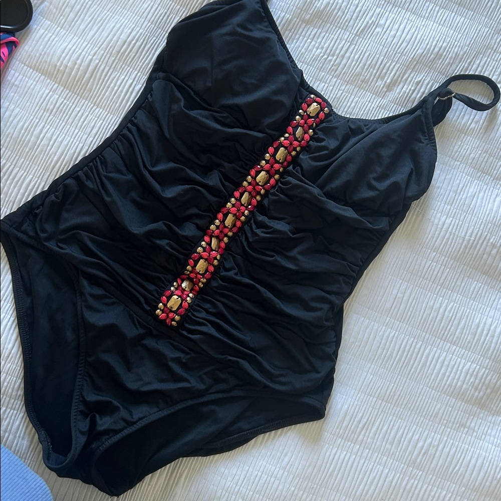 Badgley Mischka Black One Piece with Red Embellishments